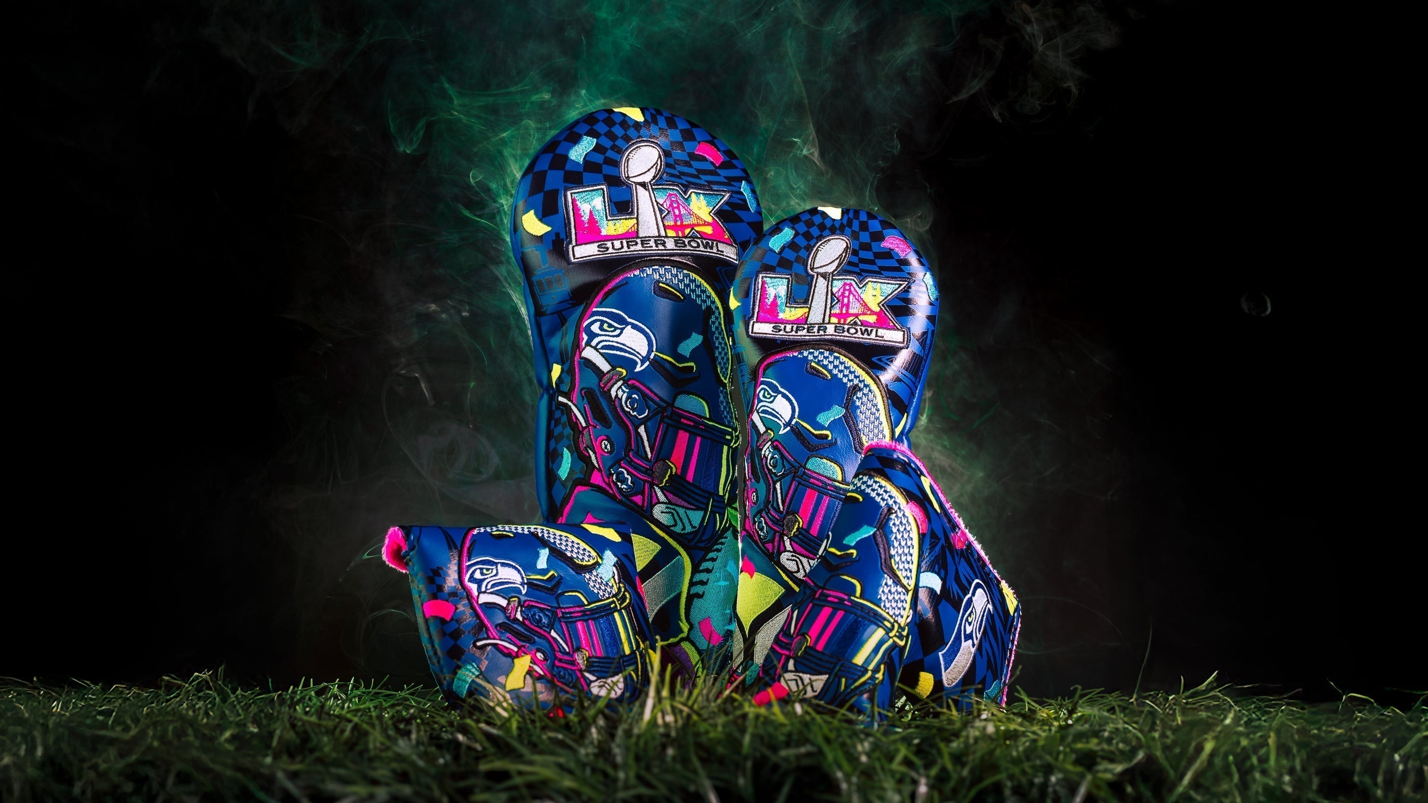 Seattle Seahawks Super Bowl LX Champions limited edition golf headcovers featuring driver, fairway, blade, and mallet.