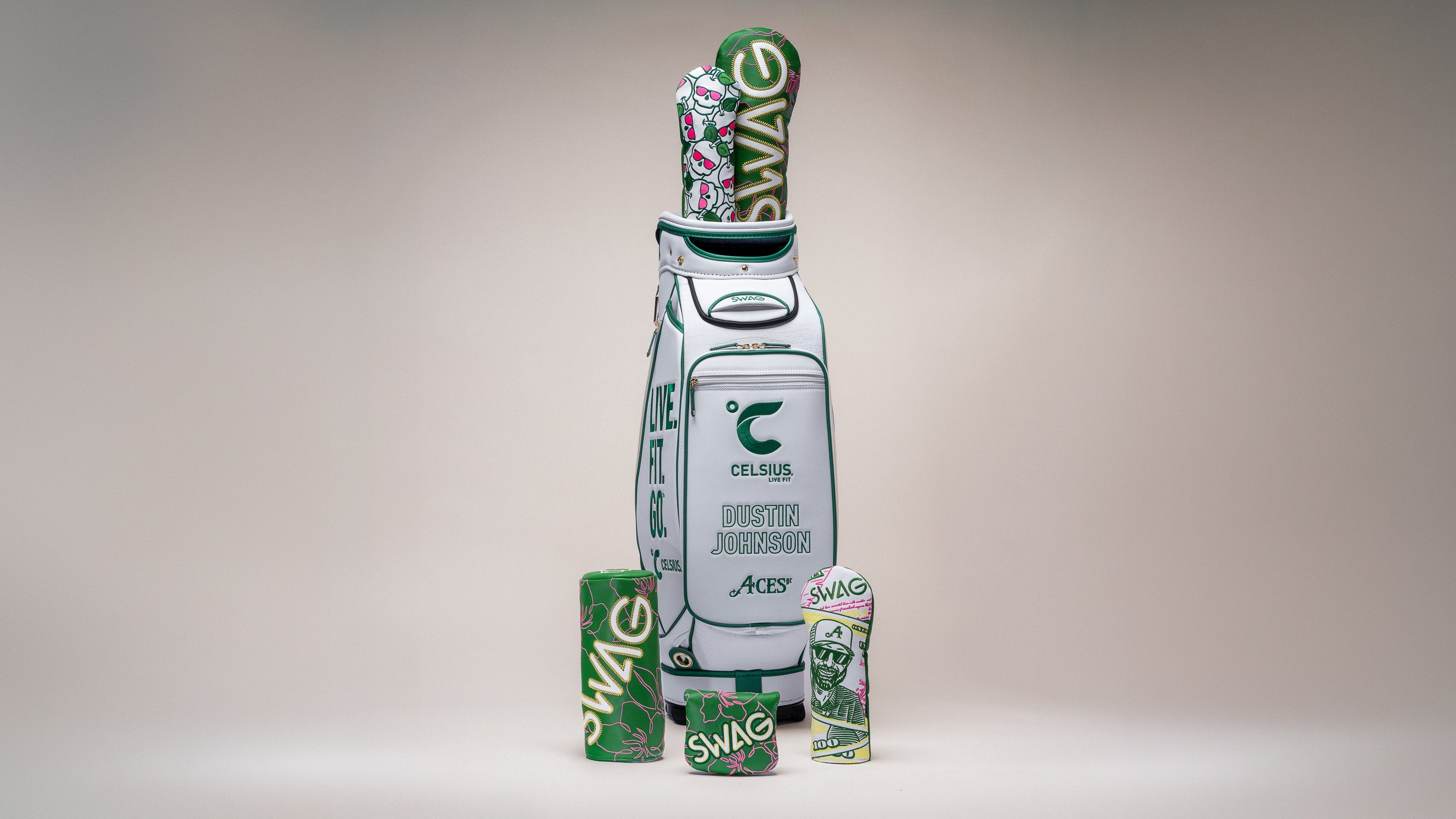 SWAG Golf x 4Aces official golf gear featuring headcovers.