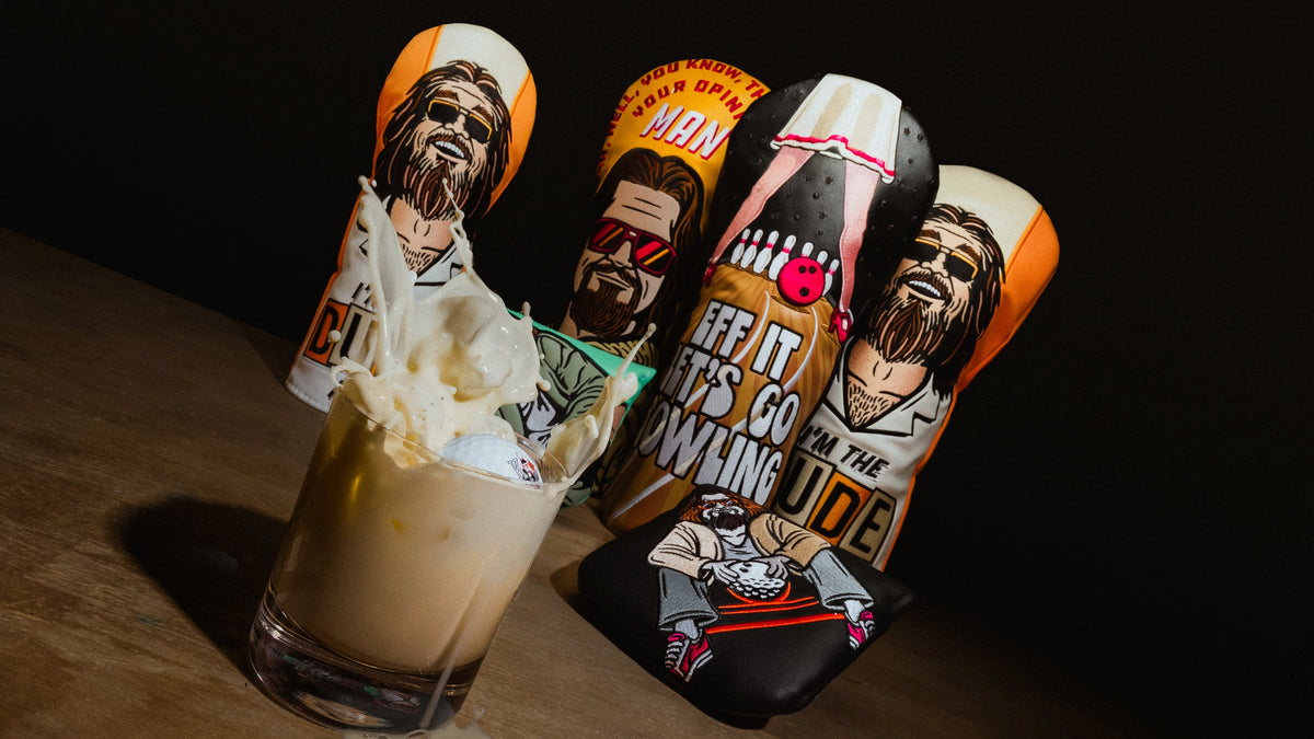 Rewind Golf x The Big Lebowski official golf headcover collection featuring iconic movie scenes.