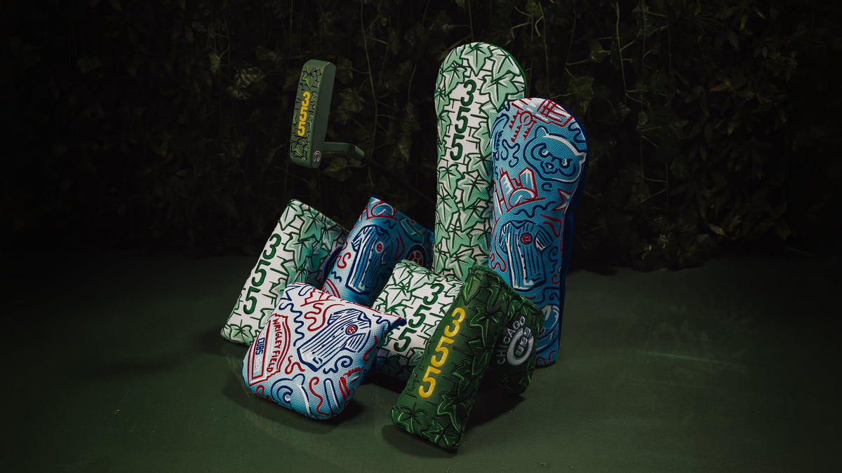 Chicago Cubs x SWAG Golf collection featuring headcovers, apparel, accessories and a putter.