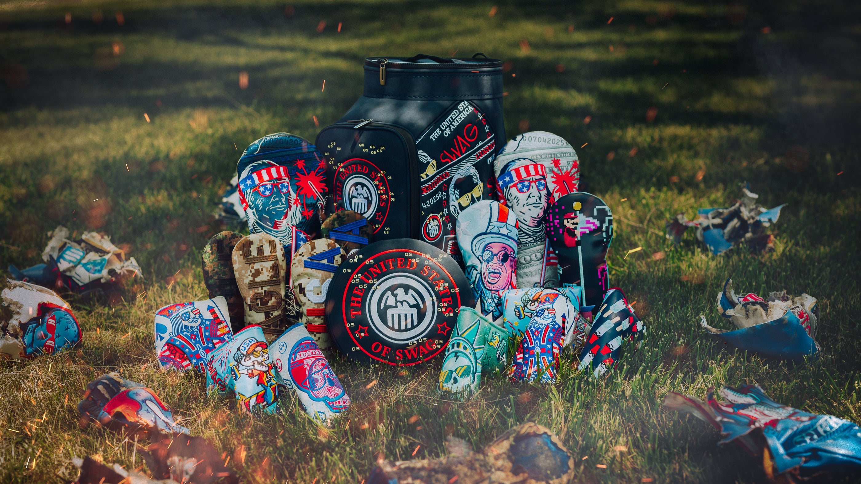 SWAG Golf 4th of July Collection featuring red, white, and blue limited edition golf headcovers, accessories, putters, and apparel.