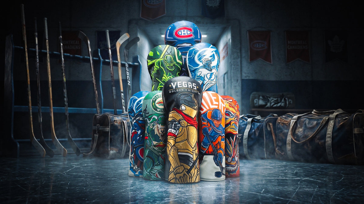 SWAG Golf x NHL official collection featuring hockey blade putters, headcovers, and towels from US and Canadian hockey teams.