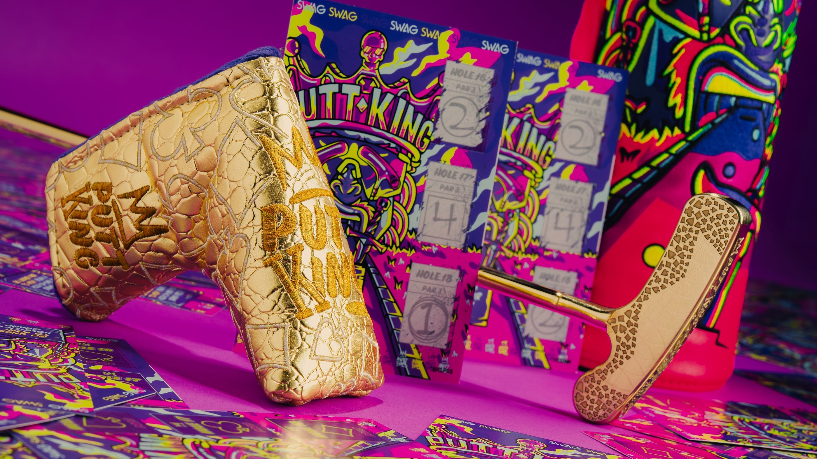 Swag Golf Anniversary Release featuring limited edition golf headcovers, putters, bags, accessories, and more.