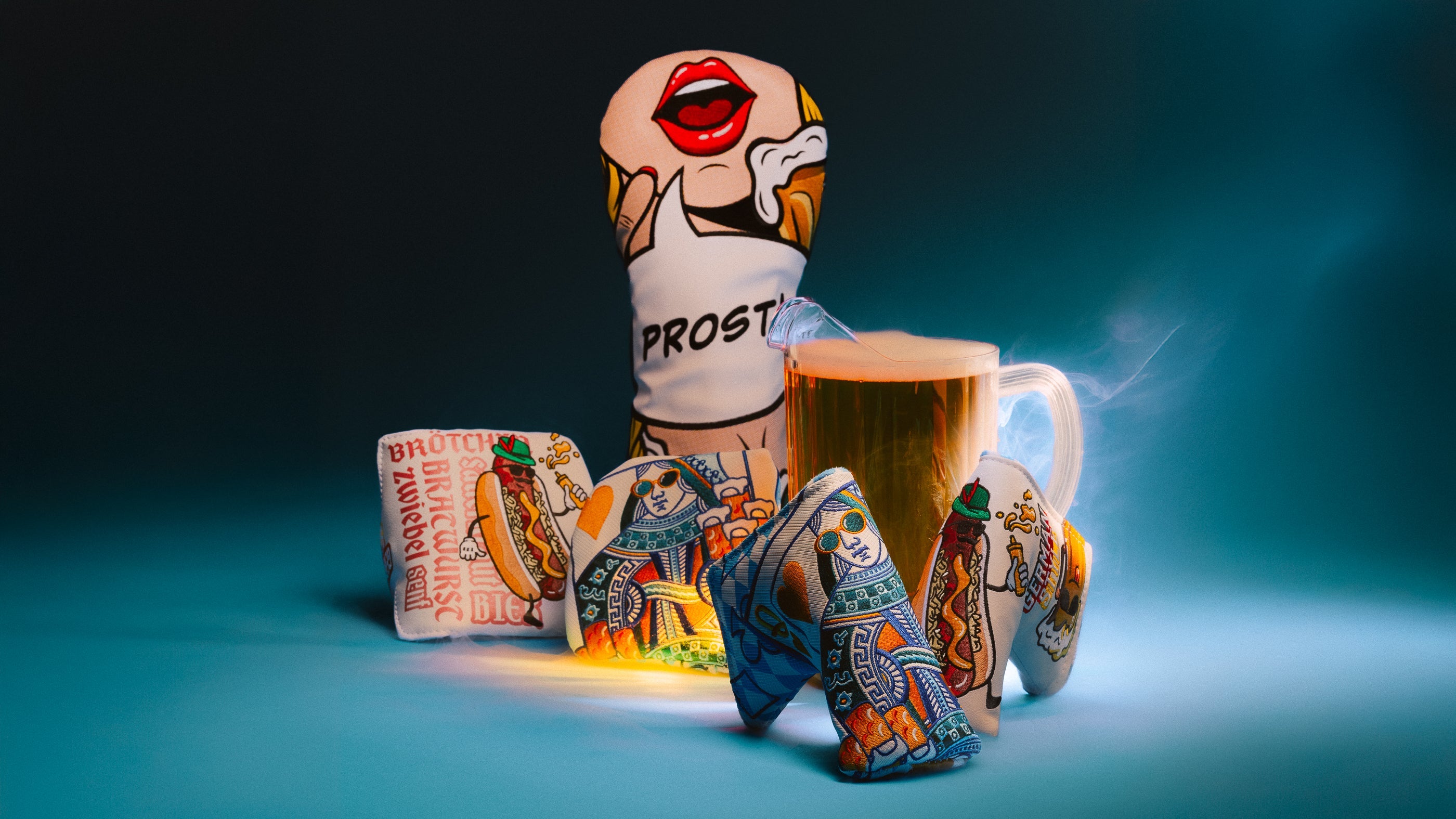 SWAG Golf Oktoberfest headcover collection featuring Bavarian queen, german style dog, and Swagatha driver.