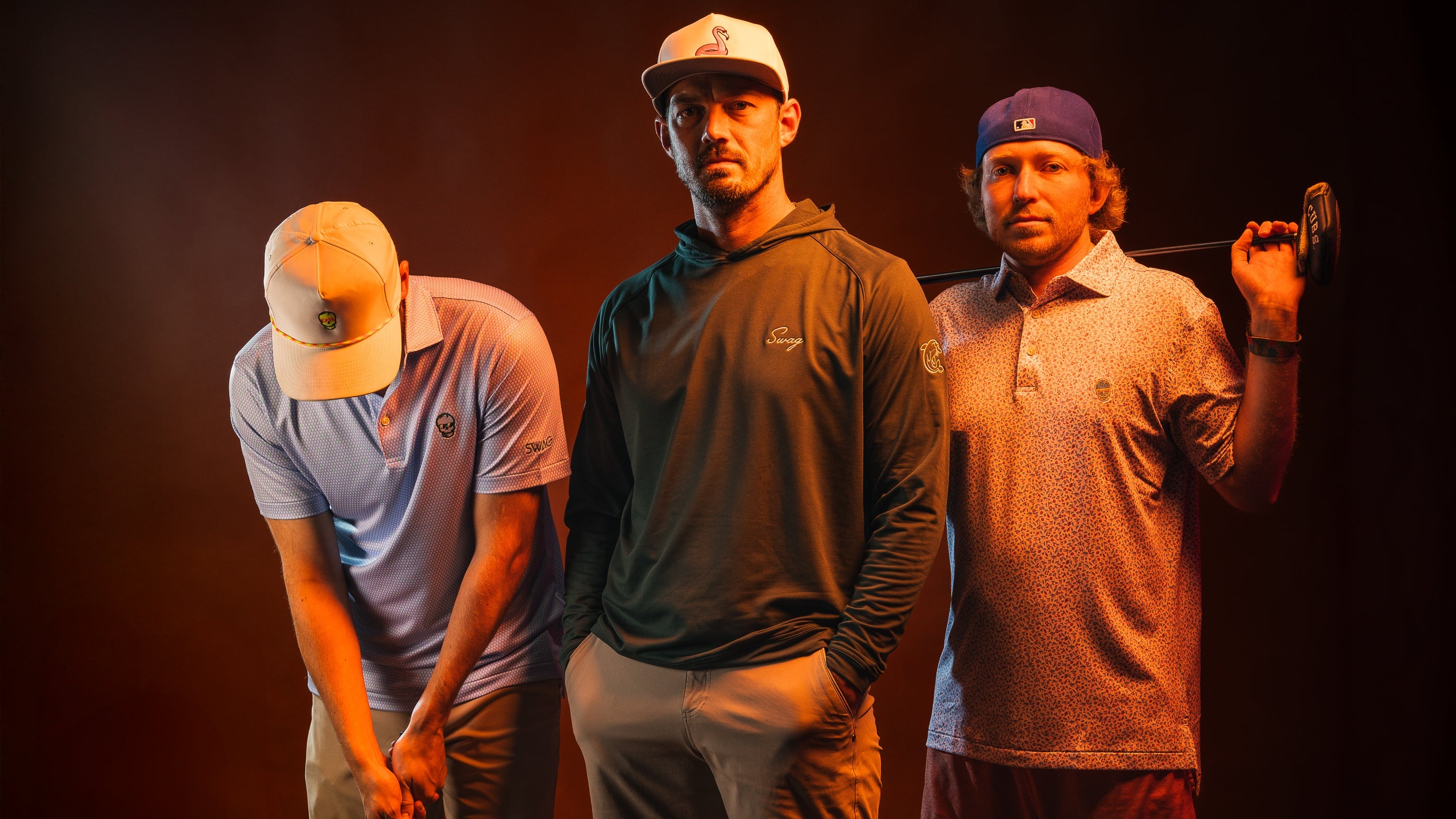 Peter Millar x SWAG Golf collection featuring men's performance golf polos, quarter zip pullovers and hoodies.