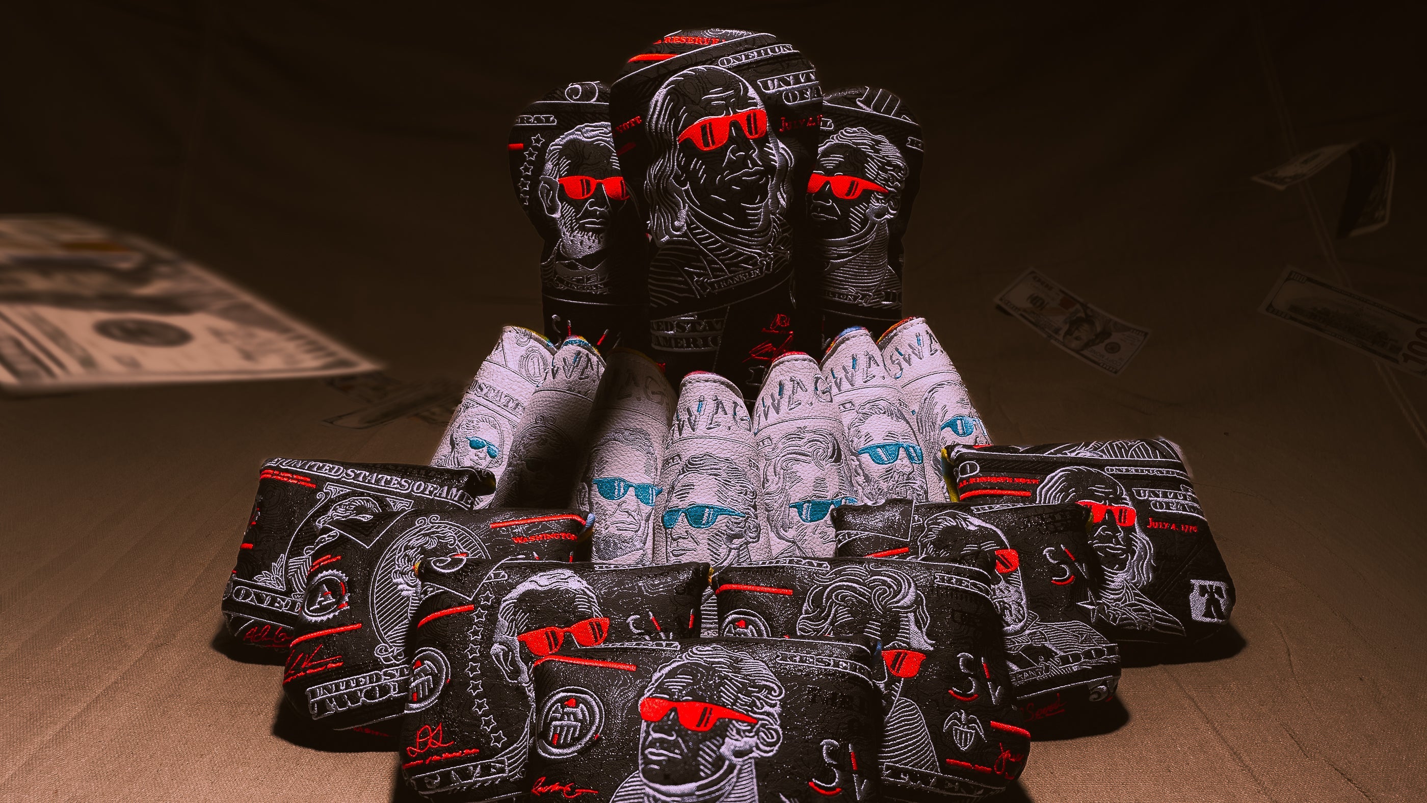 SWAG Golf Presidents' Day 2026 collection featuring golf headcovers, putters, bags, and accessories.