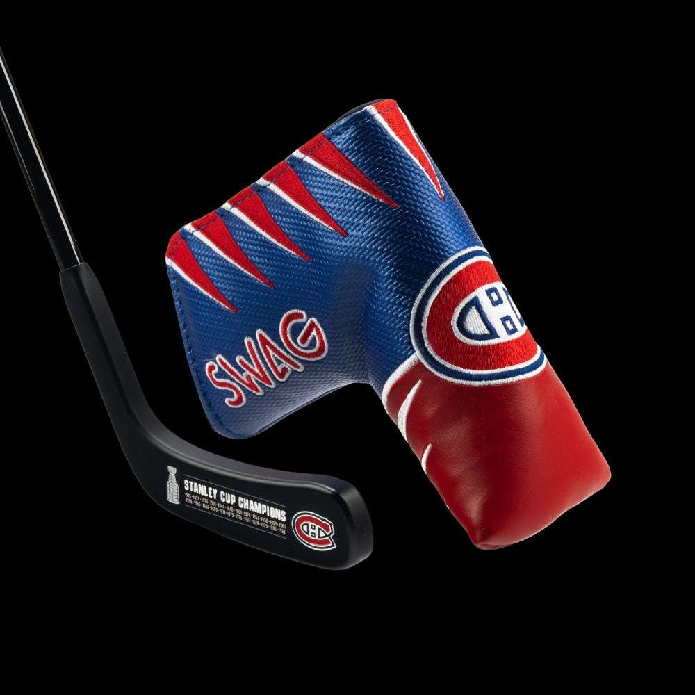 Montreal Canadiens Stanley Cup Champions hockey stick putter with red and blue jersey headcover.