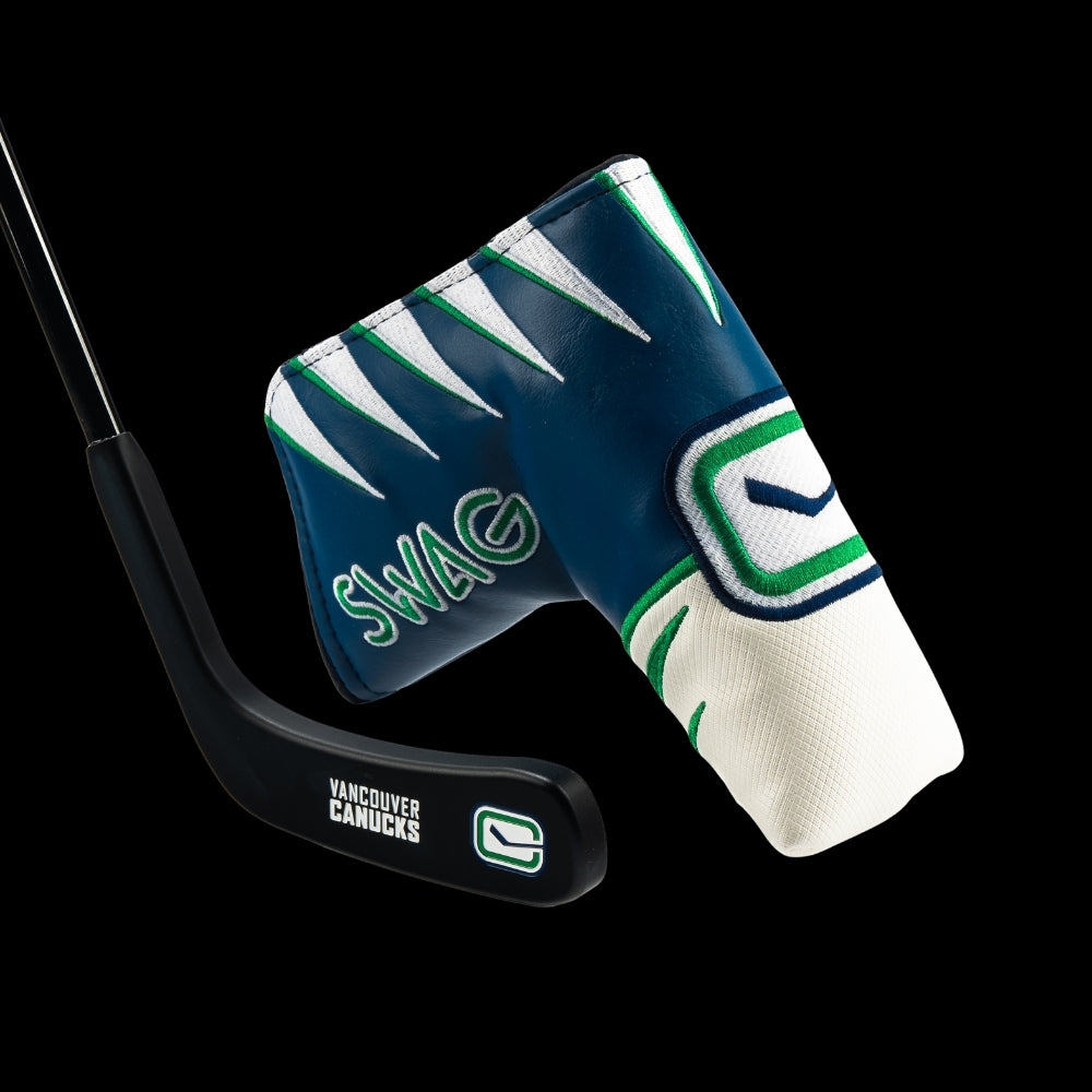 SWAG Golf X Vancouver Canucks hockey stick putter with blue green jersey headcover.