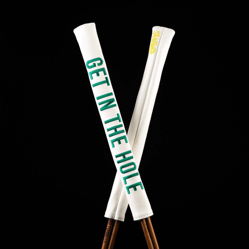SWAG Golf white and green golf alignment sticks cover with Get In The Hole embroidered on the front.