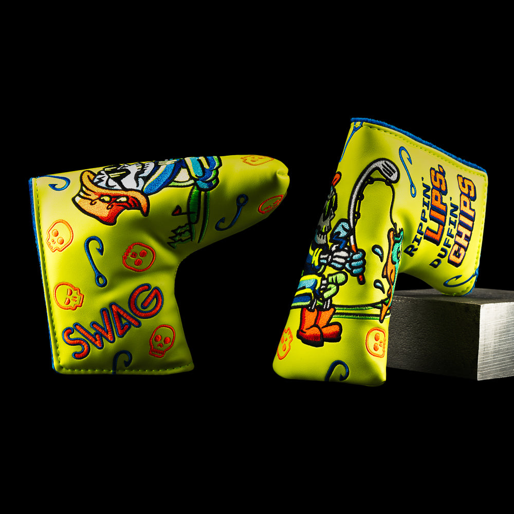 Rippin’ Lips Blade Putter Cover with bass fish design, neon yellow colorway, and SWAG Golf logo details.