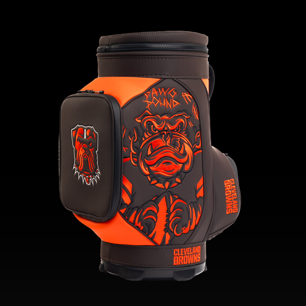 SWAG Golf Cleveland Browns Den Caddy Cooler featuring "Dawg Pound" bulldog artwork, bold orange and brown graphics.