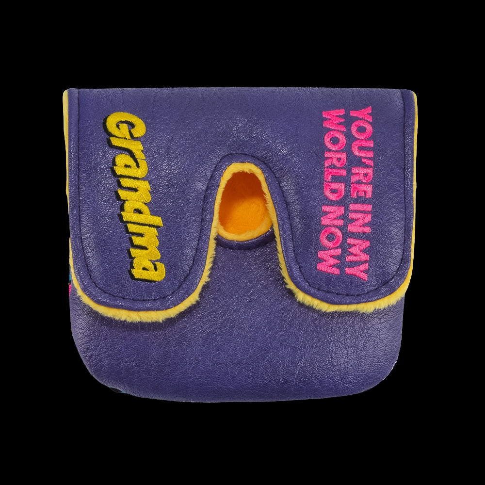 Rewind Golf x Happy Gilmore official In My World Now Grandma purple, pink, and yellow center shafted XL mallet golf headcover.