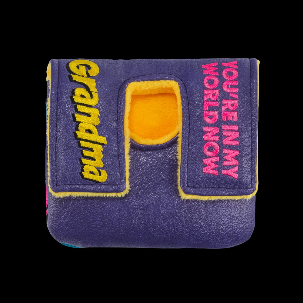 Rewind Golf x Happy Gilmore official Grandma themed purple and yellow center shaft mallet headcover.