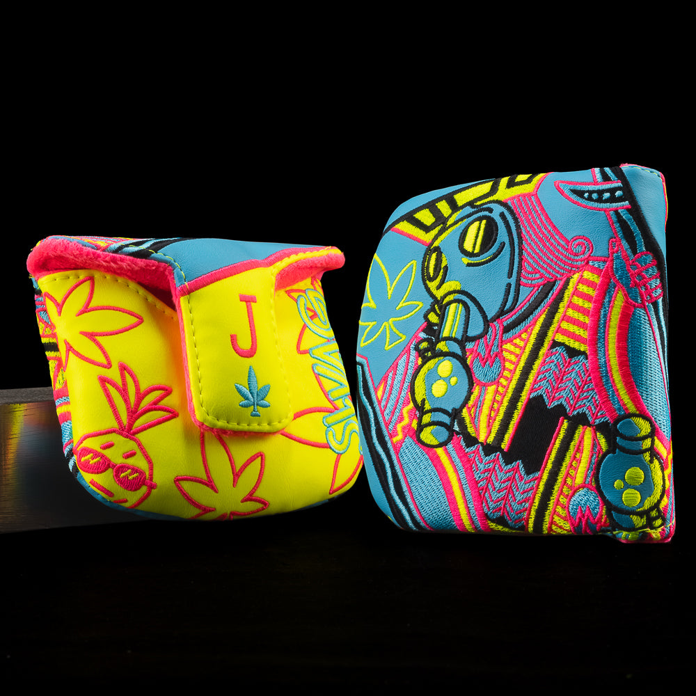 SWAG Golf Royal Highness Jack Pineapple Express blue, yellow, and neon pink mallet putter golf headcover.