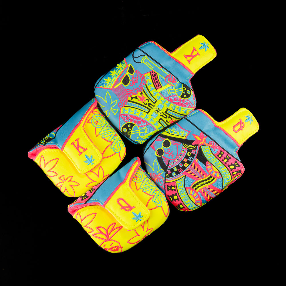 SWAG Golf royal highness pineapple express mallet golf headcover set that includes 2 covers. One King and one queen blue and yellow colors.