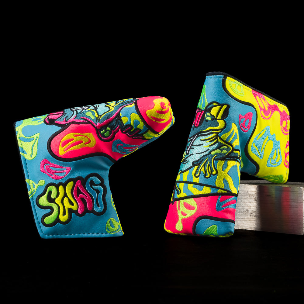 SWAG Golf sticky icky blue, neon pink, and yellow blade putter golf headcover made in the USA.