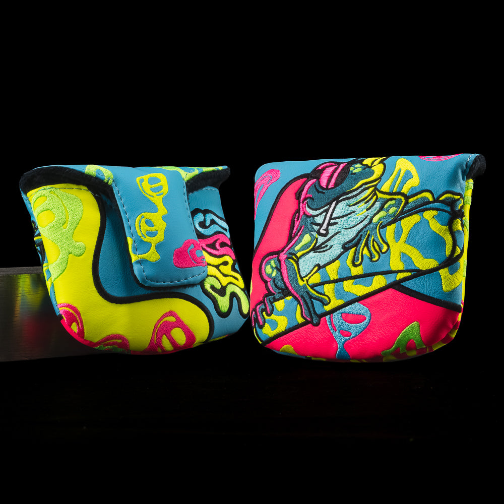 SWAG Golf sticky icky tree frog themed blue, yellow, and pink mallet putter golf headcover made in the USA.