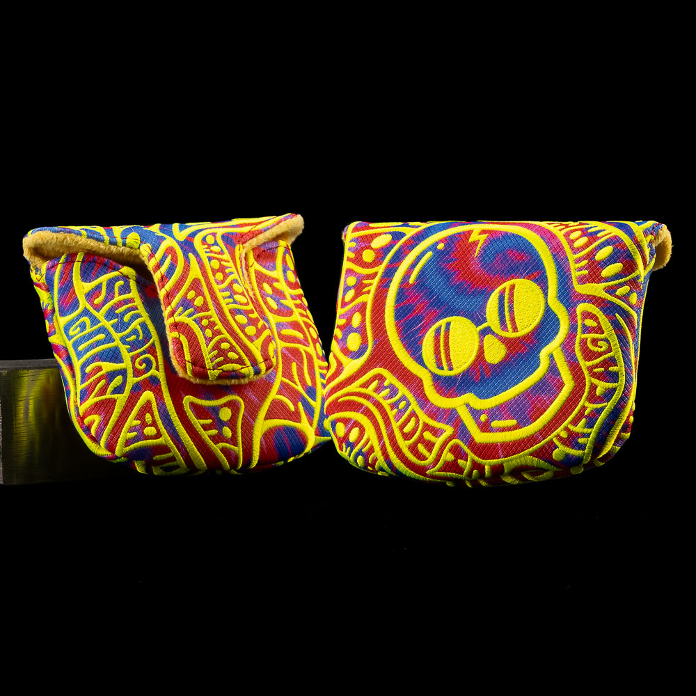 SWAG Golf yellow, red, and blue psychedelic skull mallet putter golf headcover made in the USA.