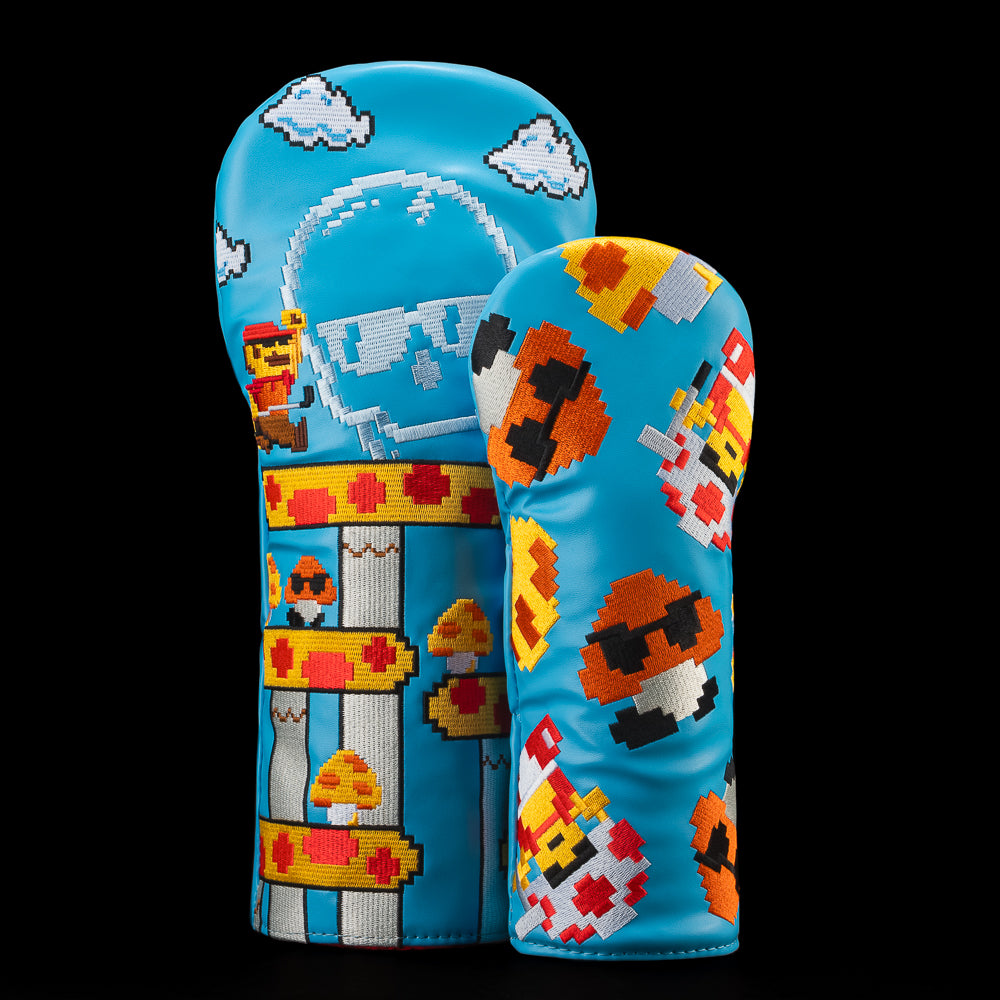 SWAG Golf shroom kingdom blue, yellow, and red 2-piece golf headcover set of a driver and fairway.
