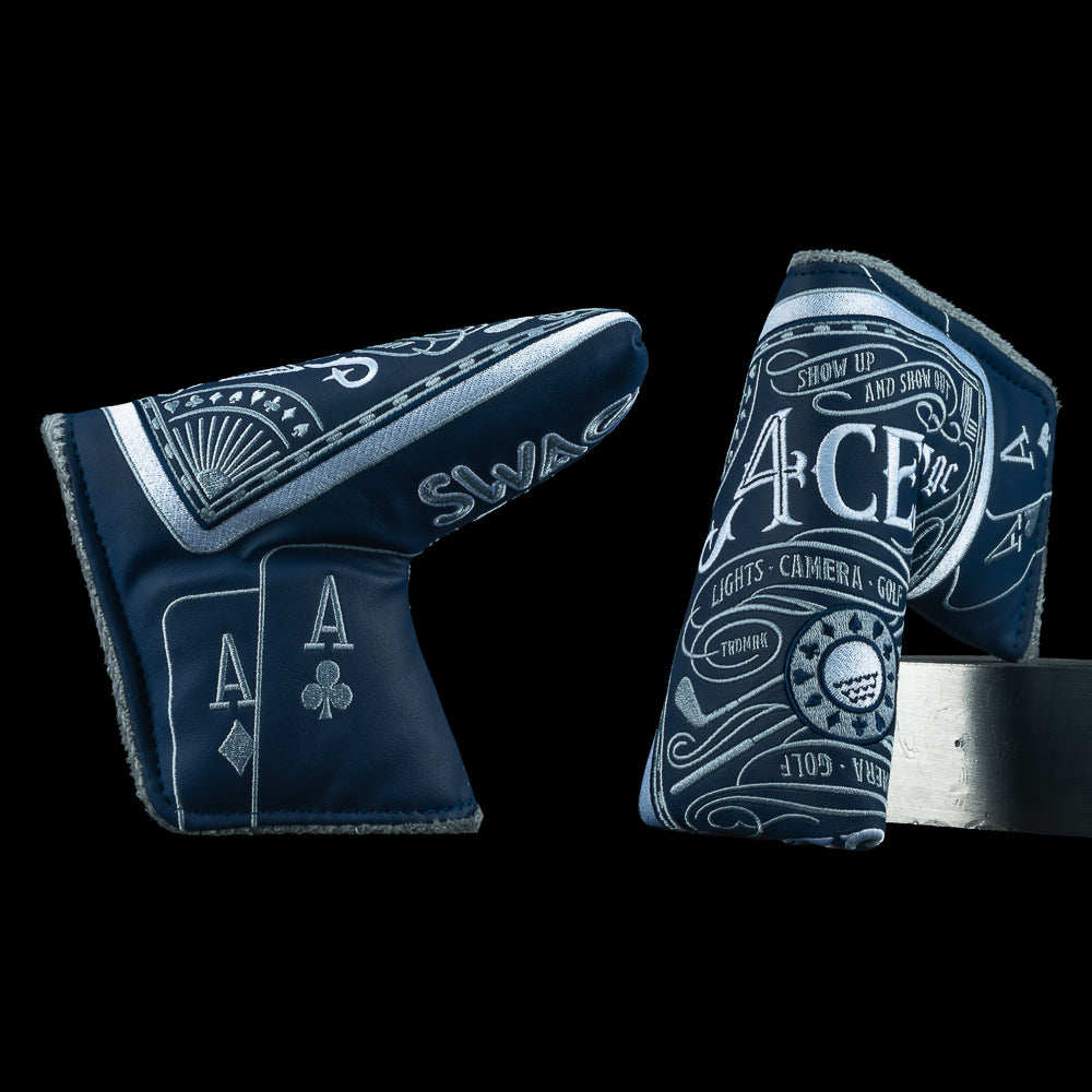SWAG Golf x 4Aces navy, grey, and white dealer's choice card themed blade putter golf headcover.