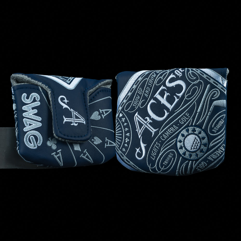 SWAG Golf x 4Aces navy and white mallet golf headcover with card themed design.