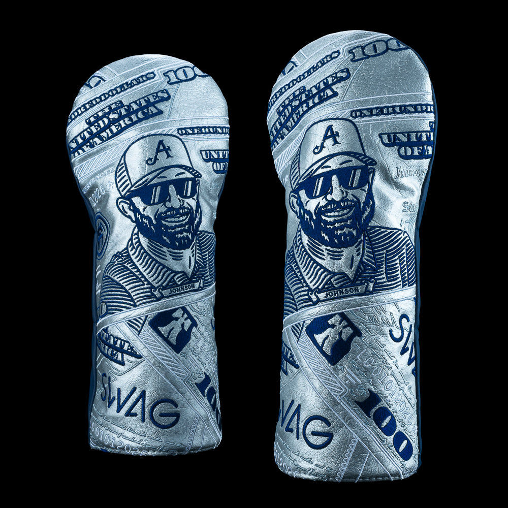 SWAG Golf x 4Aces official Dustin Johnson dollar bill themed silver and navy driver golf headcover.