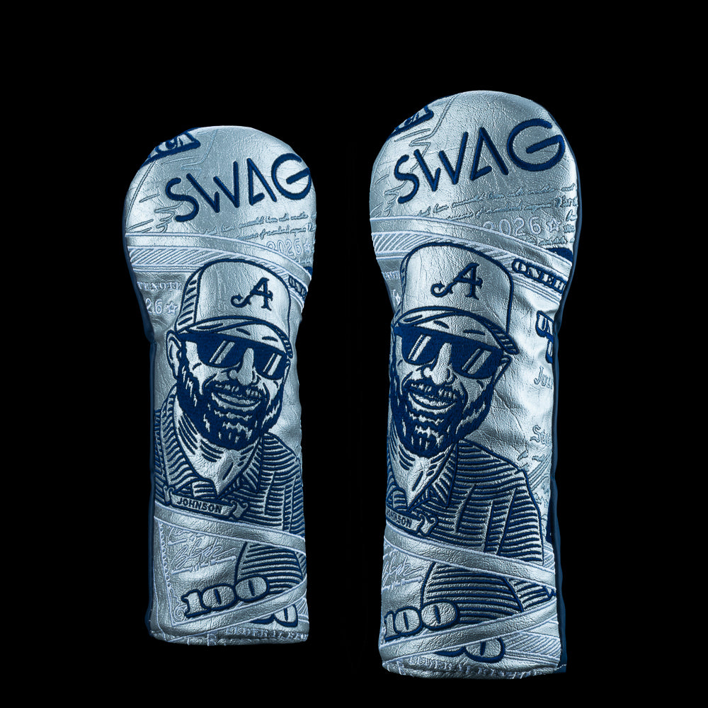 SWAG Golf x 4Aces official Dustin Johnson dollar bill silver and navy fairway wood golf headcover.