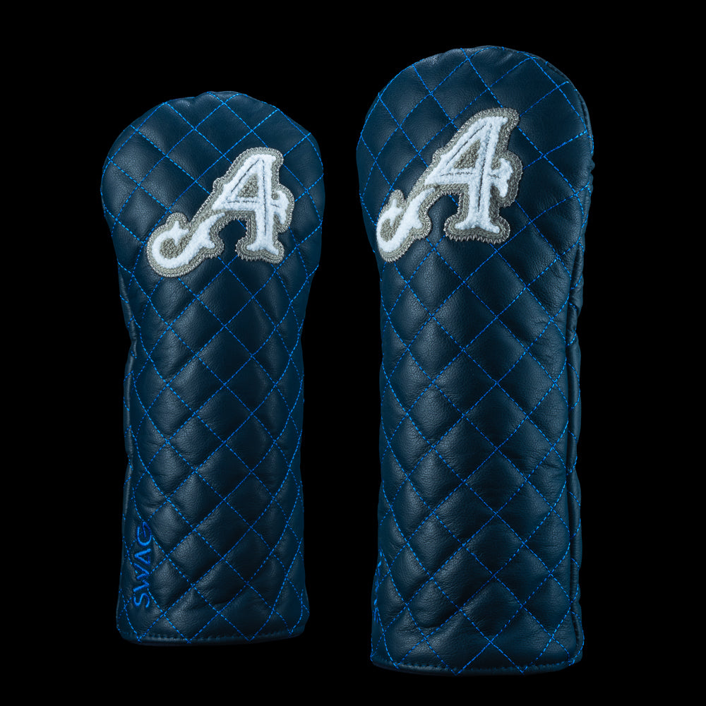 SWAG Golf x 4Aces official navy leather diamond stitched driver golf headcover with a grey and white chenille 4Aces logo patch.