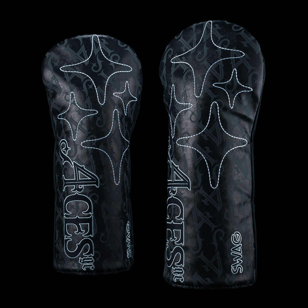 Black golf club head covers with star patterns and '4 Aces' branding on a black background