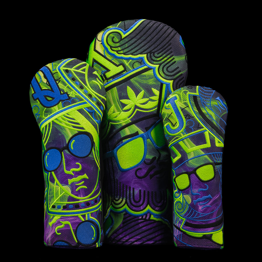 SWAG Golf Purple Urkle purple and green 3-piece golf headcover set featuring 1 driver, 1 fairway, and 1 hybrid.