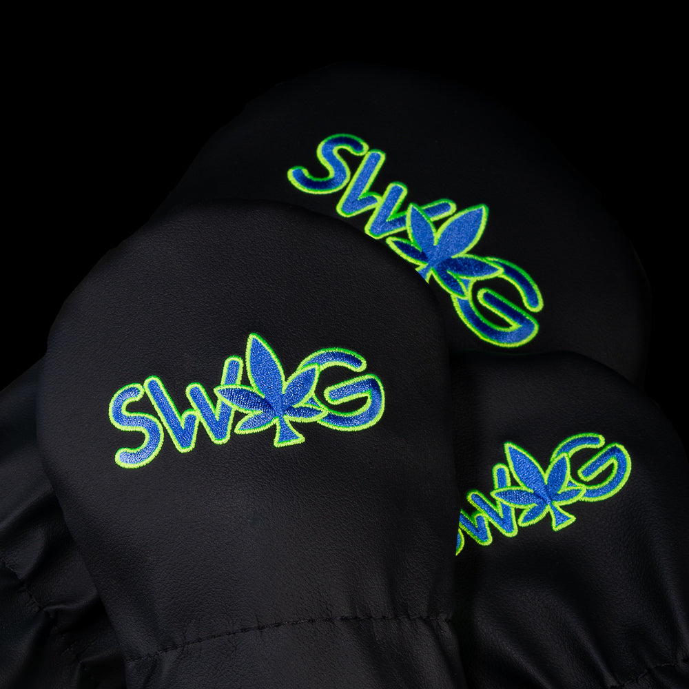 SWAG Golf Purple Urkle purple and green 3-piece golf headcover set featuring 1 driver, 1 fairway, and 1 hybrid.