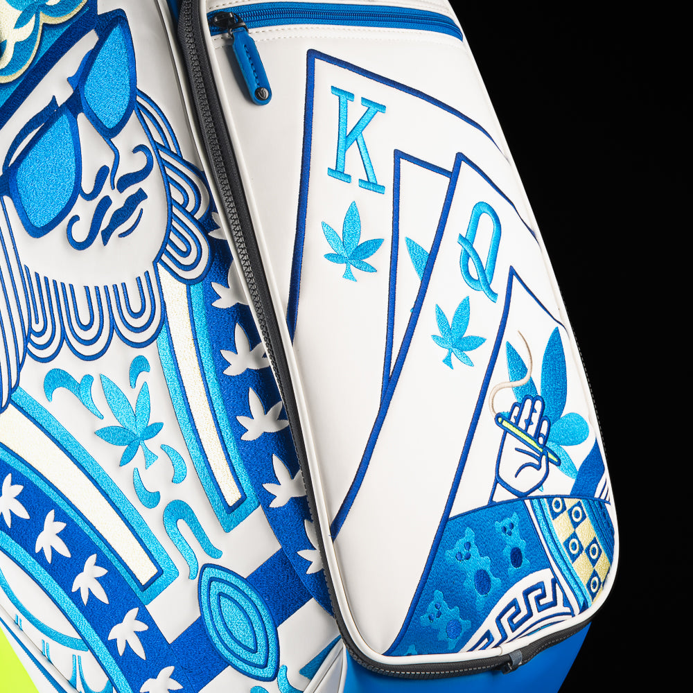 SWAG Golf x Vessel golf staff bag with 420 Royal Highness theme and blueberry kush colorway.