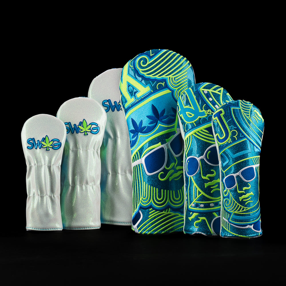 SWAG Golf blue, neon green, teal, and sparkle white 420 and Royalty themed golf wood cover set featuring a driver, fairway, and hybrid.