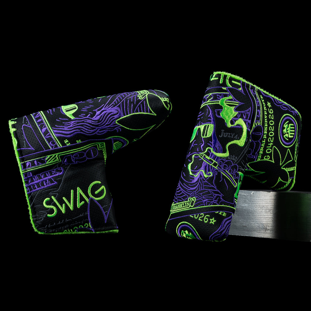 SWAG Golf blade putter headcover with glowing green and purple 420 dollar bill design on a black background