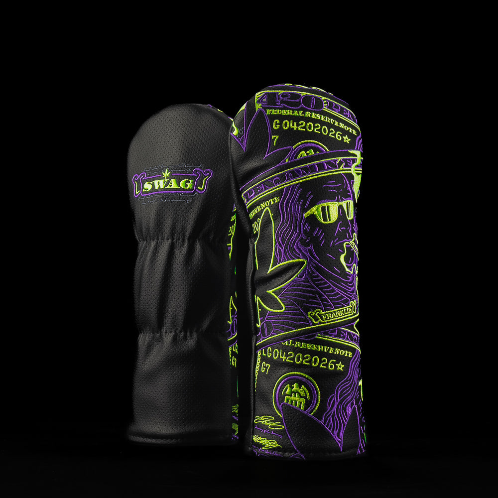 SWAG Golf Penjamin Franklin 420 themed black, green, and purple dollar bill fairway wood golf headcover.