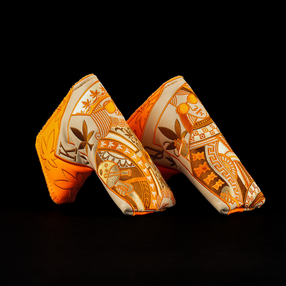 SWAG Golf set of 2 blade golf headcovers with an orange, cream, and brown colorway and 420 playing card theme.