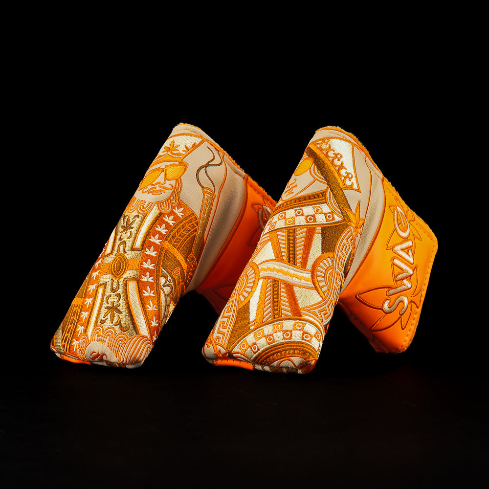 SWAG Golf set of 2 blade golf headcovers with an orange, cream, and brown colorway and 420 playing card theme.