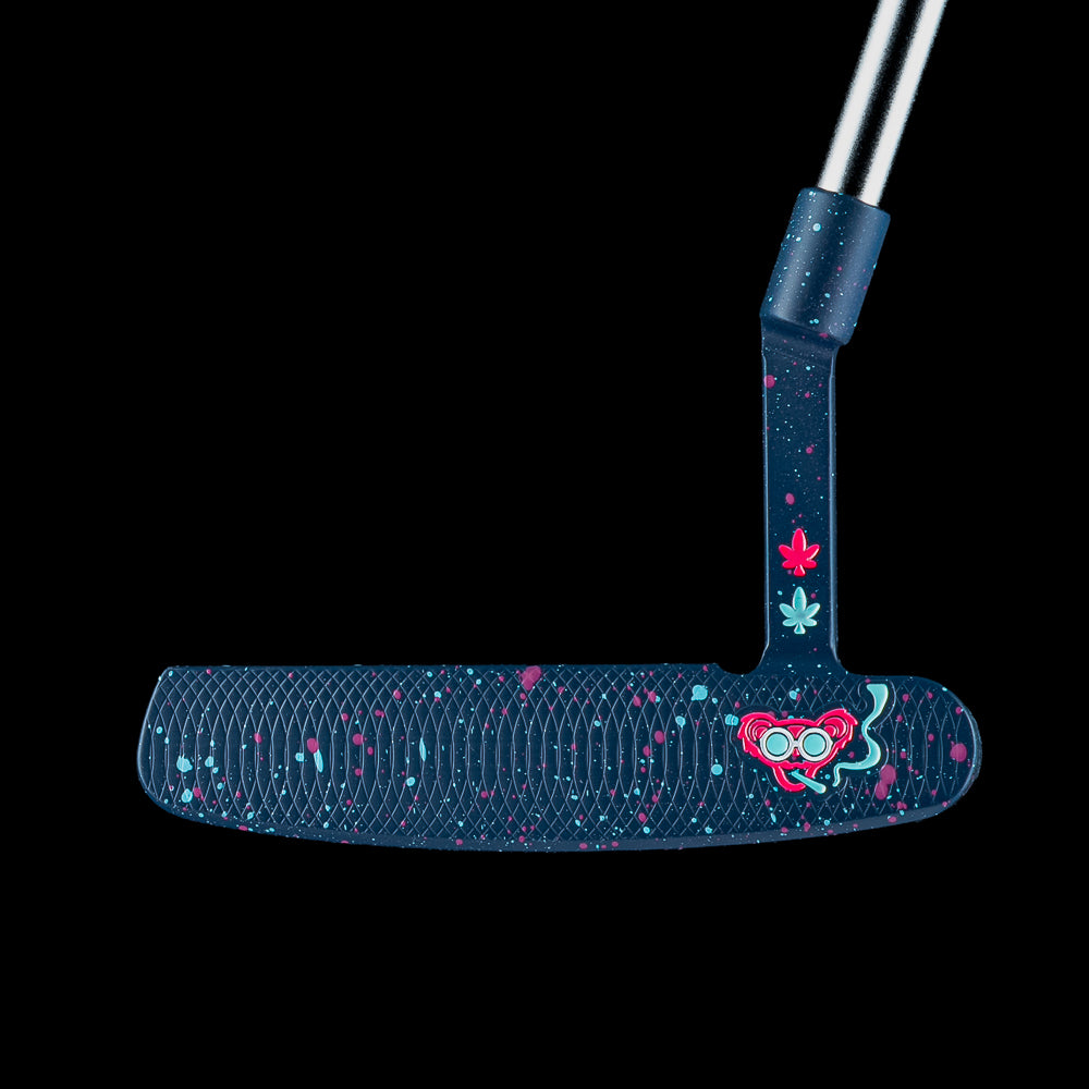 SWAG Golf Touch of Neon 2.0 Handsome One Putter featuring a splatter cerakote finish with handpainted teal and neon pink 420 bears.