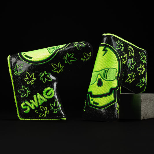 Green Reaper black with neon green skull and neon green stitching putter blade golf club head cover made in the USA.