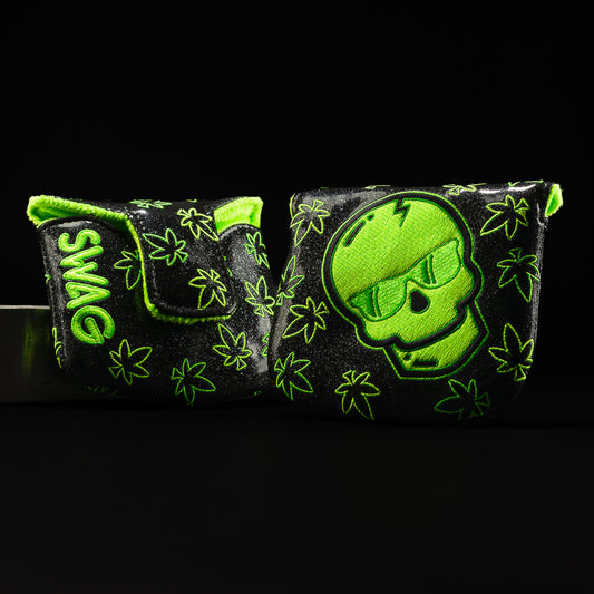 Green Reaper black with neon green skull and neon green stitching putter mallet golf club head cover made in the USA.