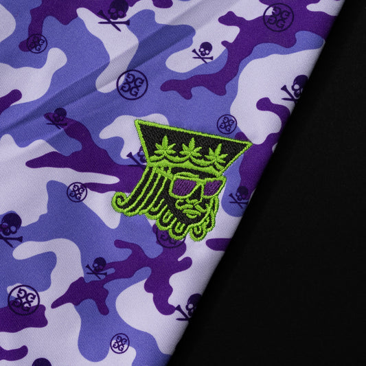 Purple camouflage G/Fore polo shirt with green royal highness on left chest.