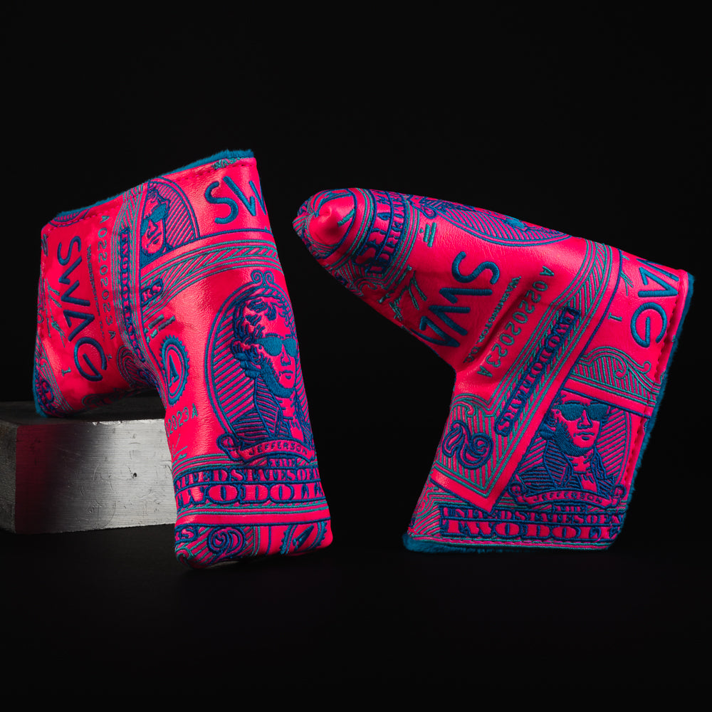 Almighty Jefferson Blade Special 2.0 pink $2 bill themed pink blade putter golf club head cover made in the USA.