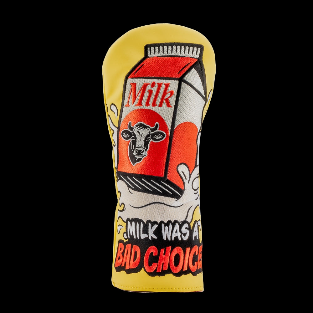 Rewind Golf x Anchorman officially licensed Milk Was A Bad Choice movie themed yellow driver golf headcover.