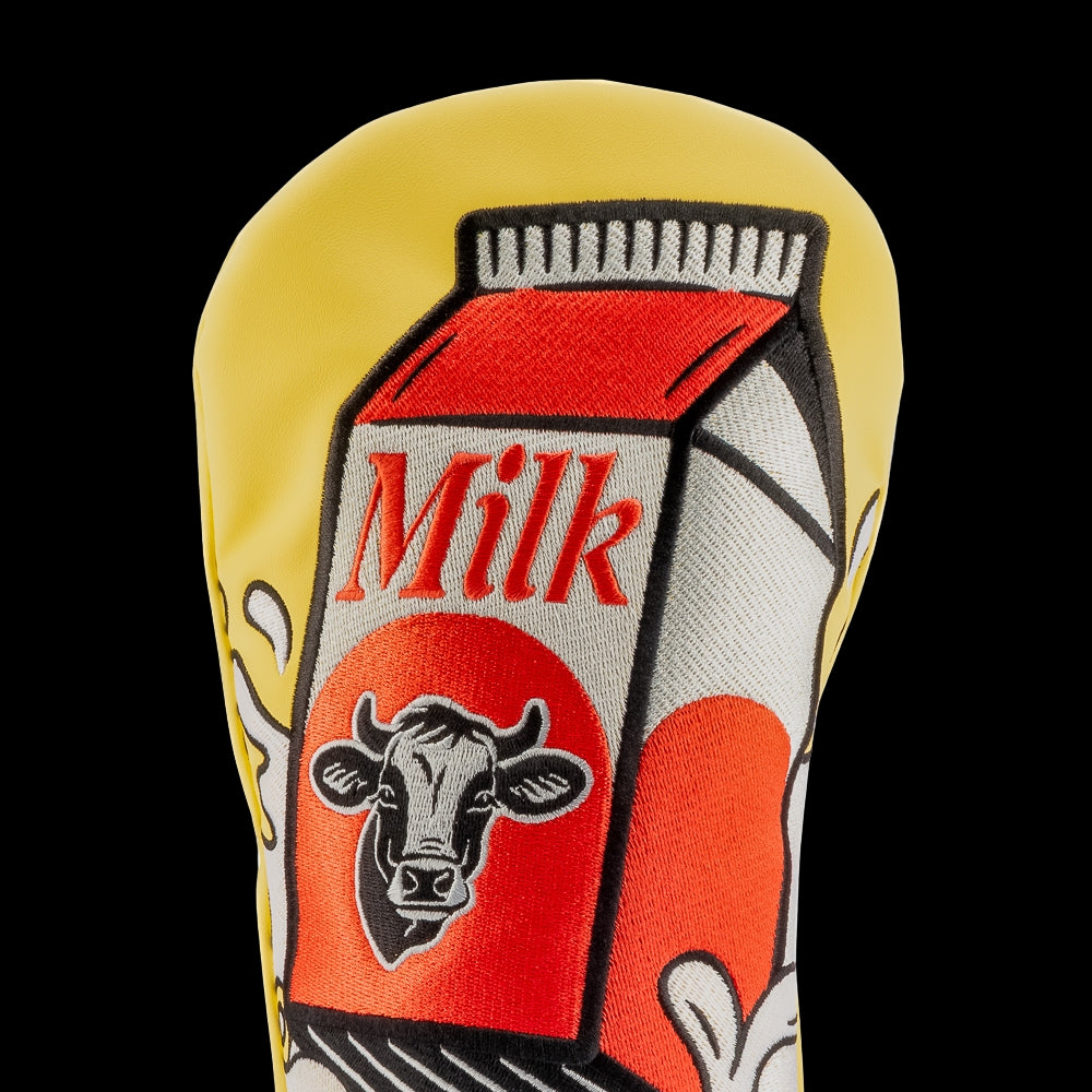 Rewind Golf x Anchorman officially licensed Milk Was A Bad Choice movie themed yellow driver golf headcover.