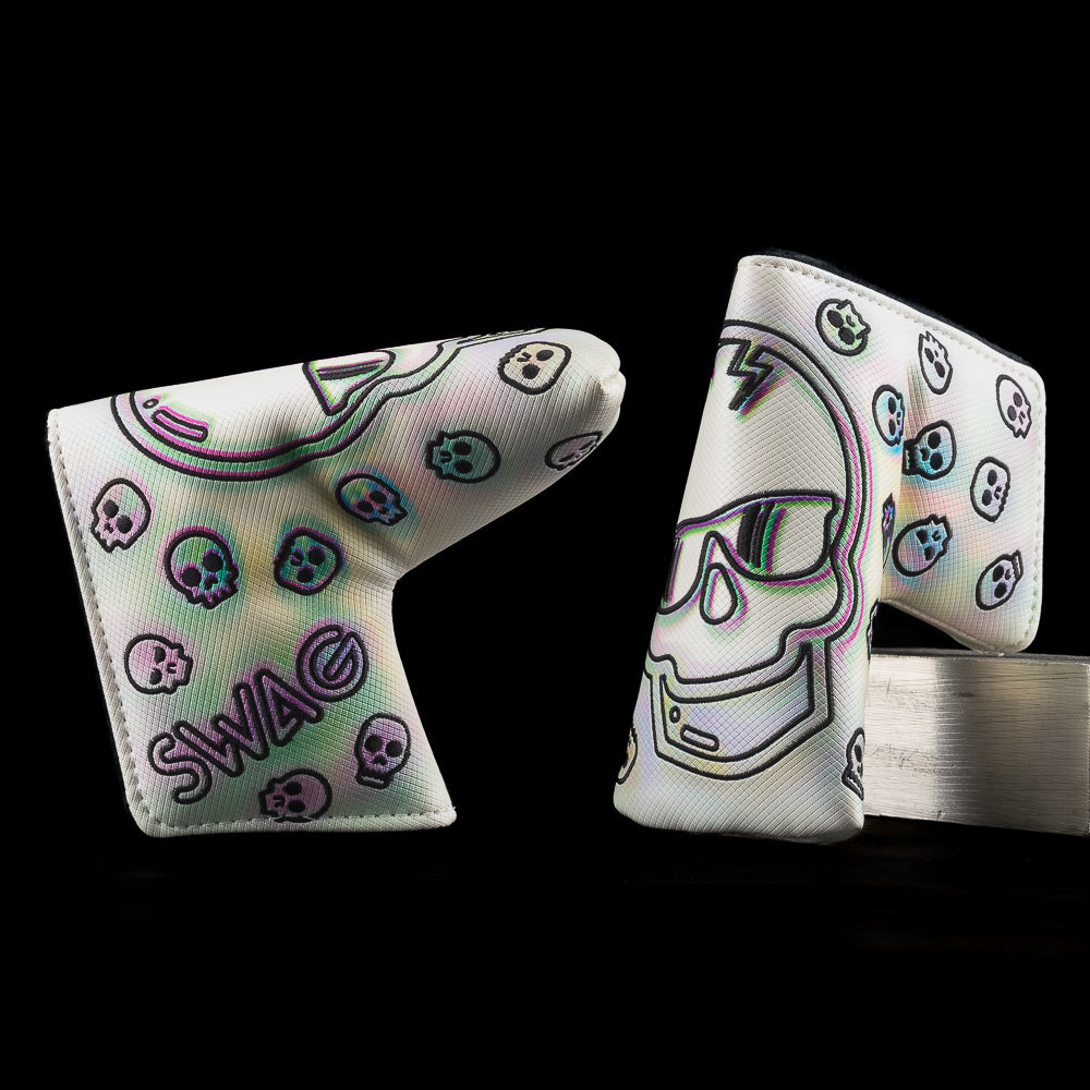 SWAG Golf white, black and neon green blurred lines skull blade golf headcover.