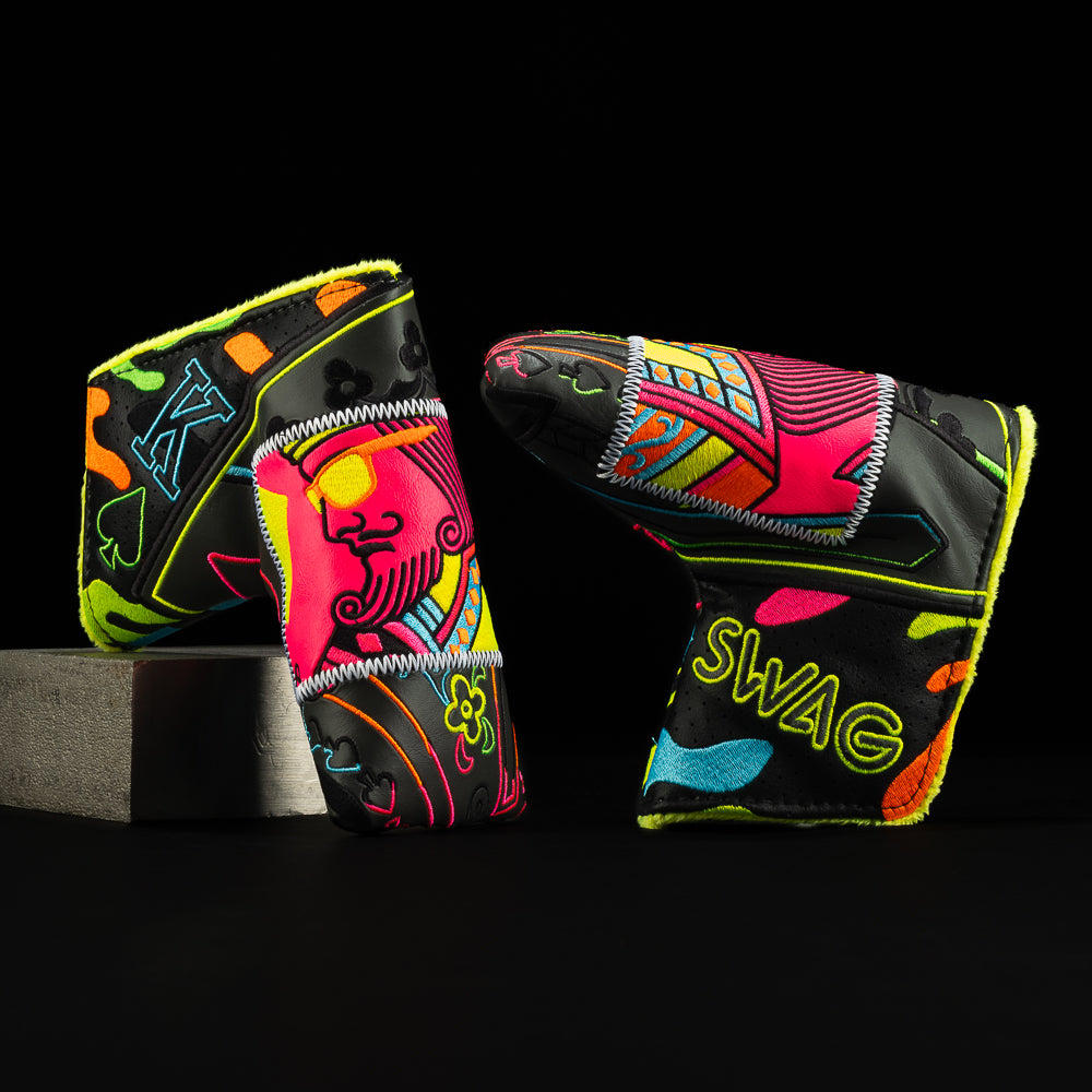 Face-off king black, neon yellow, and pink blade golf headcover.