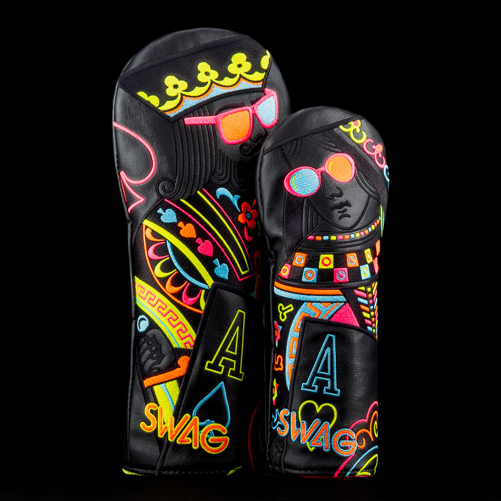 SWAG Golf Eclipse neon blackjack 2-piece wood headcover set featuring a King driver and queen fairway wood.