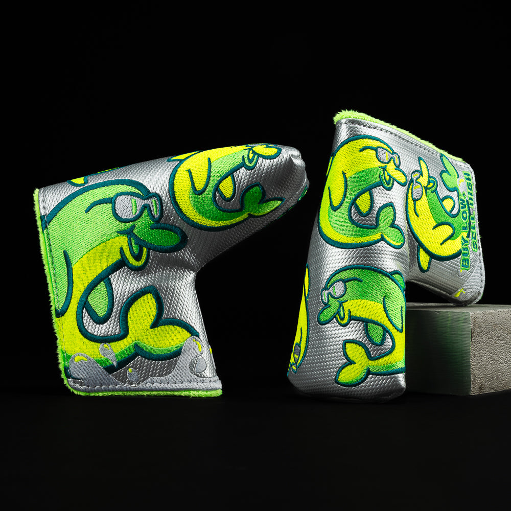 SWAG Golf gray, yellow, and neon green flipper blade golf headcover.