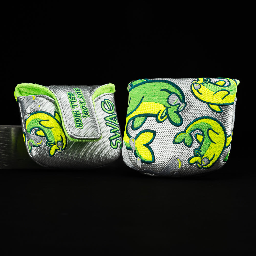 SWAG Golf gray, yellow, and neon green flipper blade golf headcover.