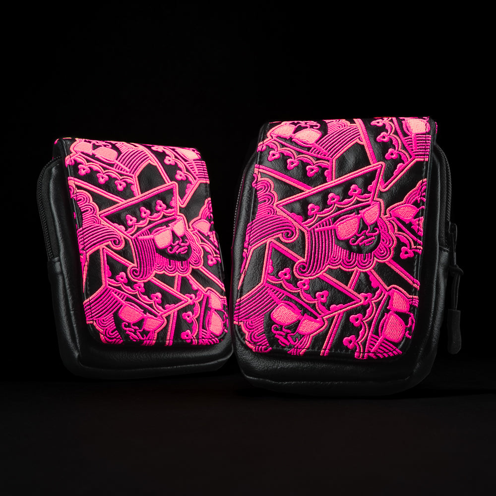 SWAG Golf stacked kings black and pink range finder case with zippered closure and magnetic embroidered flap.